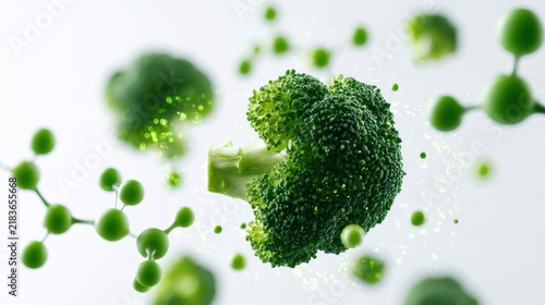 A close-up of a broccoli floret floating with molecular structures around it, symbolizing healthy eating and science