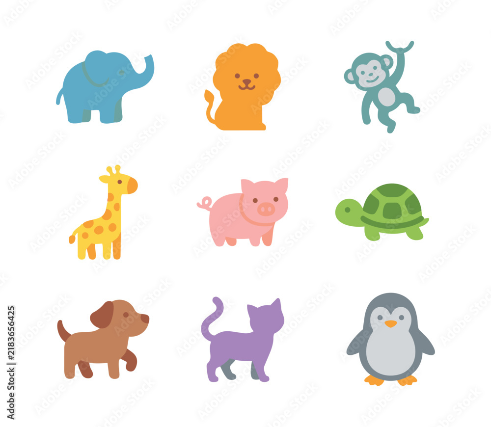 Obraz premium Cute Cartoon Animals Icon Set with Pastel Color Wild and Pet Animal Characters