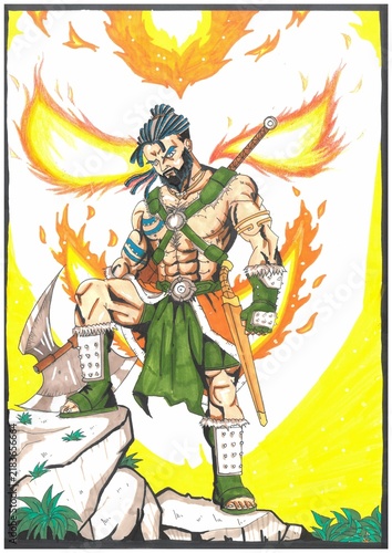 Bild auf Leinwand Hand drawn fantasy barbarian warrior character design with flaming wings, axe, and sword