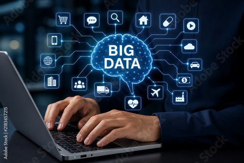 Person working on laptop with big data analytics icons and brain illustration overlay
