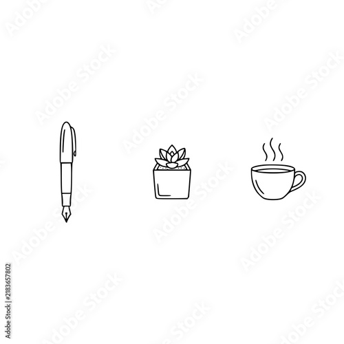 This vibrant composition showcases a pen, a succulent plant, and a steaming coffee mug, reflecting creativity, growth, and comfort in a minimalistic and modern aesthetic.