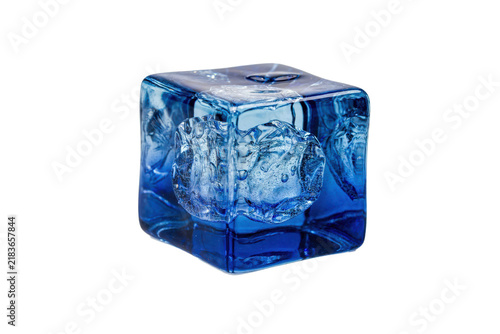 Fototapeta Single translucent blue glass cube with internal irregular textured surface and sharp geometric edges isolated on a transparent background