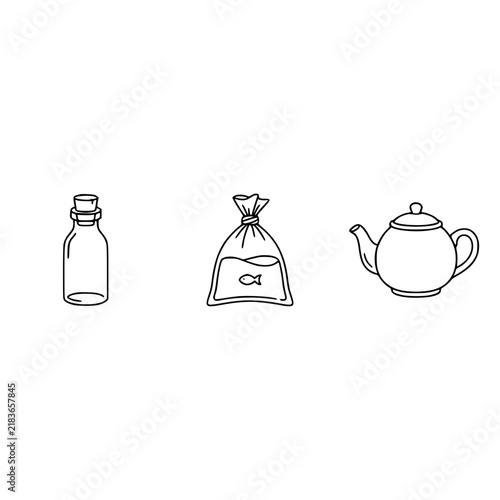An intriguing image featuring a bottle, a fish bag, and a traditional teapot, representing the essence of curiosity, domestic tranquility, and bringing unique elements together.