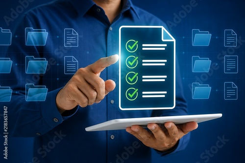 Hand selecting checklist on digital tablet with document icons