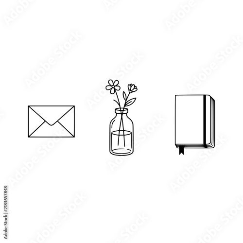 A serene composition showcasing an envelope, a flower-filled jar, and an elegant journal, representing communication, nature's beauty, and the art of reflection in daily life.