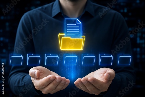 Hands holding glowing document folder with connected file icons in blue light