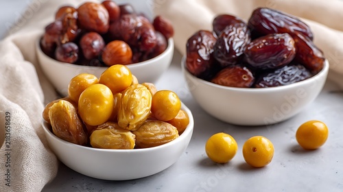 Assorted dried dates in white bowls, sweet organic date fruit, healthy ramadan snacks.