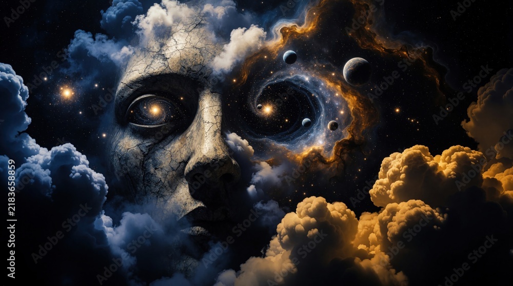 Fototapeta premium Giant stone head emerges from cosmic clouds. Swirling galaxies and planets fill its eyes. Stars and nebulae surround this surreal, existential dreamscape.