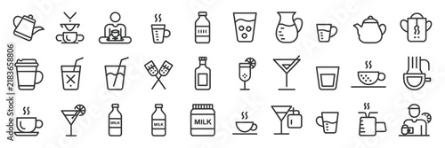Beverage and drinks line icon set with editable stroke, coffee, juice, cocktail, glass, bottle, and refreshment symbols