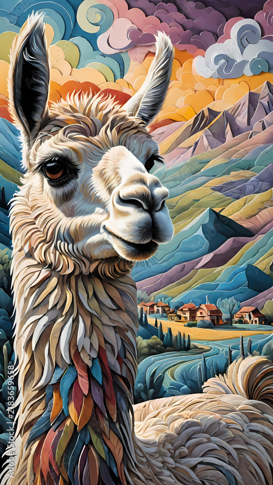 Obraz premium Vertical papercut style illustration closeup of a fluffy white llama with a colorful mane against a scenic mountain valley and village background