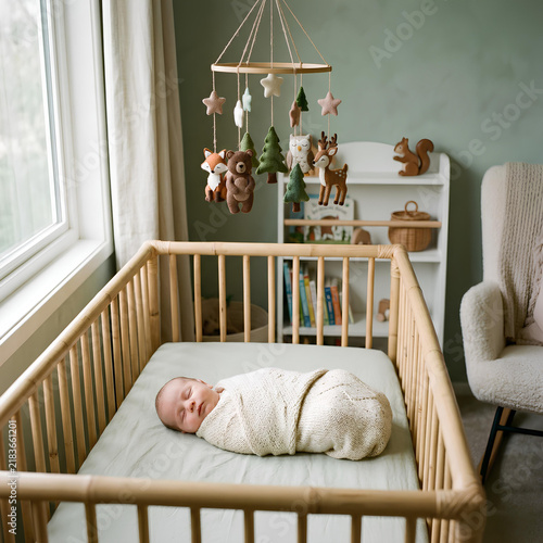 Swaddled newborn sleeping in wooden crib with woodland mobile