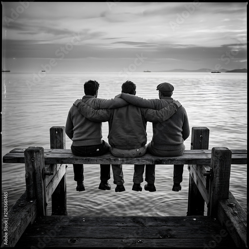 Three men sitting on a pier looking at water.