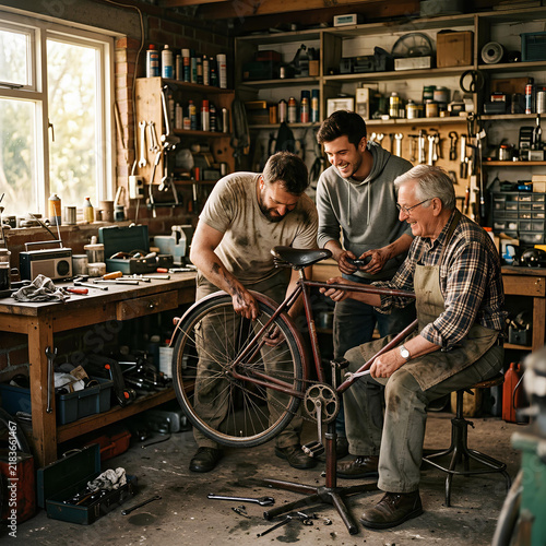 Three men repairing vintage bicycle in cluttered home workshop