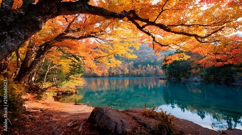 Autumn foliage over turquoise lake, vibrant orange fall trees, scenic mountain landscape