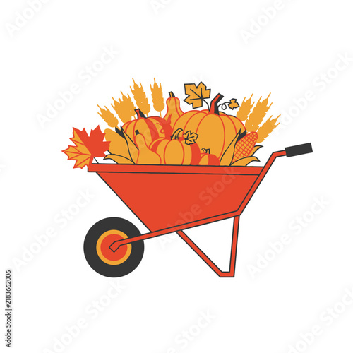 Autumn harvest wheelbarrow with pumpkins and corn. Fall garden cart filled with seasonal vegetables. Flat vector illustration of agricultural bounty. isolated on White Background editable eps