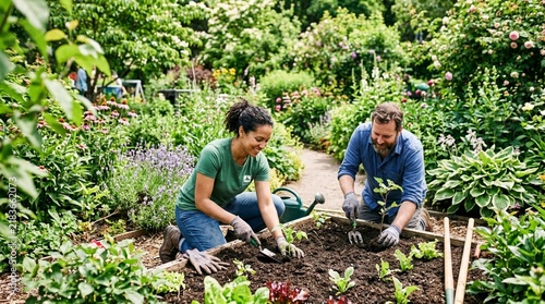 Couple planting vegetables in a lush garden, enjoying outdoor hobby and healthy lifestyle.