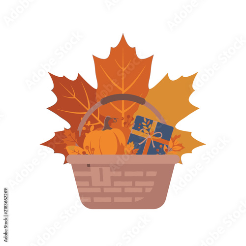 Autumn harvest basket with maple leaves and pumpkin, fall season gift hamper vector, thanksgiving celebration illustration isolated on White Background editable eps