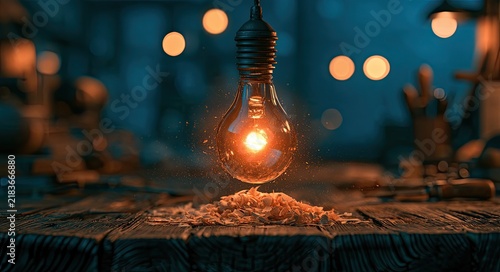 Obraz na płótnie A glowing lightbulb illuminates wood shavings on a workbench, sparking creativity
