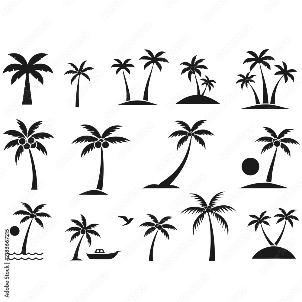 Naklejka premium Tropical palm tree and beach silhouette icon 