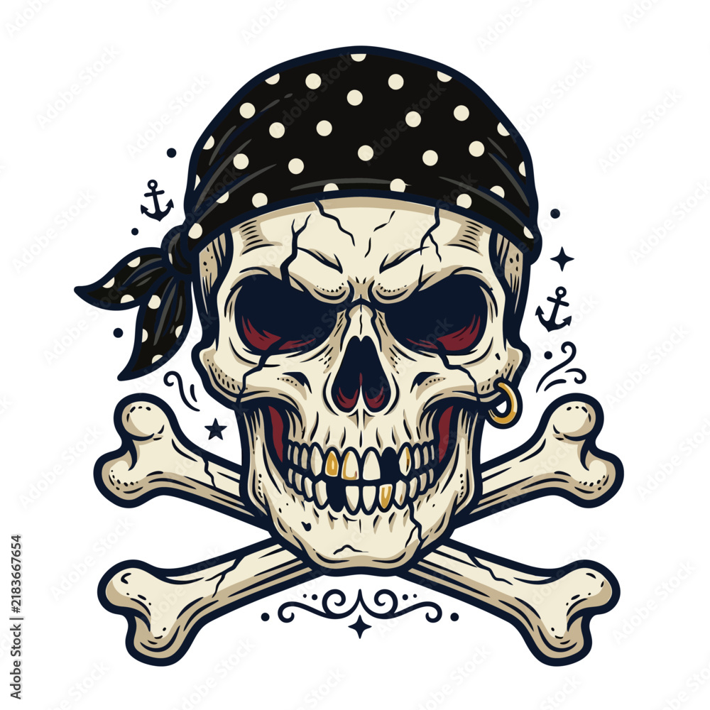 Fototapeta premium Scary Pirate Skull with Crossbones and Bandana - Illustration