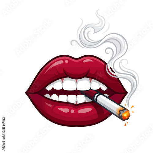 Stylish Red Lips Smoking Cigarette with Smoke Swirls - Vector Art