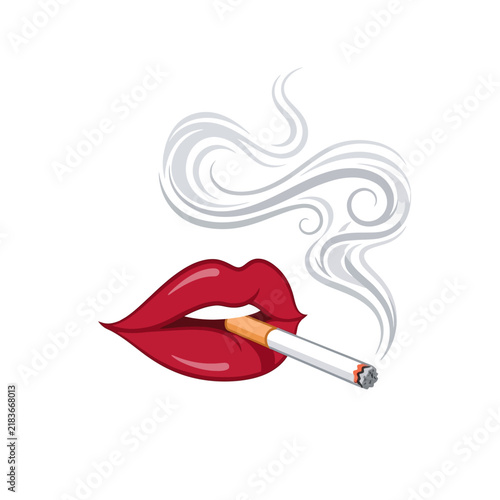Woman Smoking Cigarette With Red Lips and Smoke Swirls