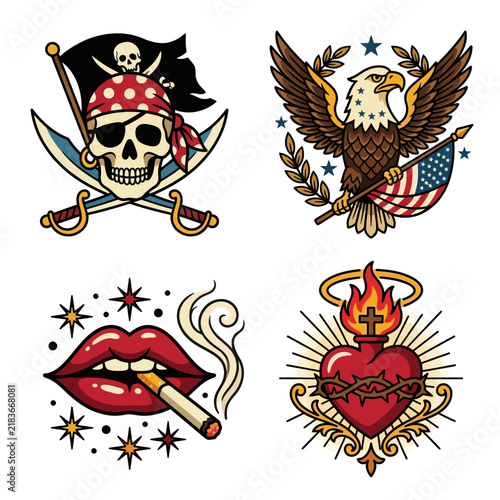 Tattoo Flash Sheet: Pirate Skull, Eagle, Lips with Cigarette, Sacred Heart
