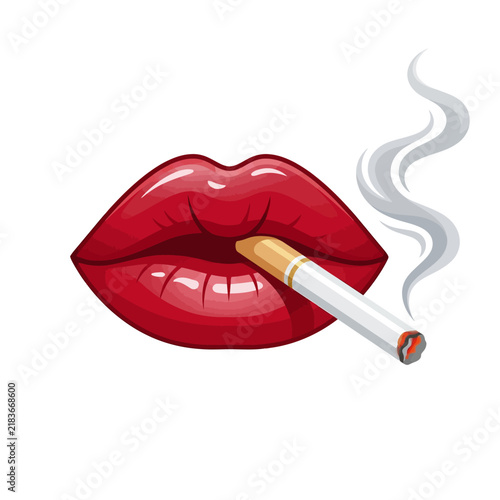 Glamorous Red Lips Smoking Cigarette with Smoke - Stylish Icon