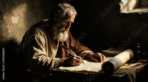 Elderly man writes letter with quill pen in dim room. He sits at desk with scrolls, papers. Inspired spiritual leader conveys message with devotion and hope.