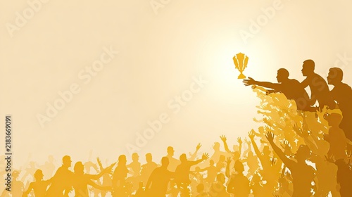 Silhouetted crowd reaching for trophy award against warm sunlight background