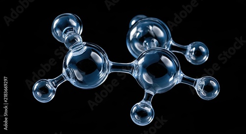 Transparent molecular structure with interconnected spheres on black background