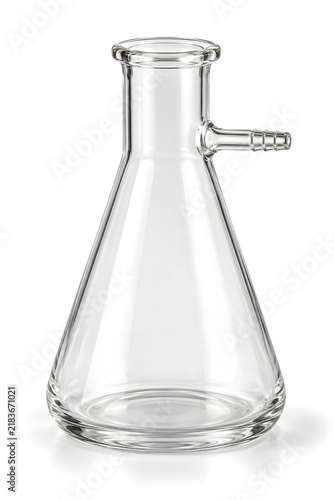 Thick-walled borosilicate glass laboratory vacuum filtration flask with sidearm for vacuum-assisted sample filtration.