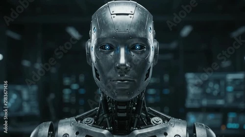 Futuristic humanoid robot portrait with glowing blue eyes in a dark laboratory; metallic android head with intricate mechanics and cinematic lighting.
