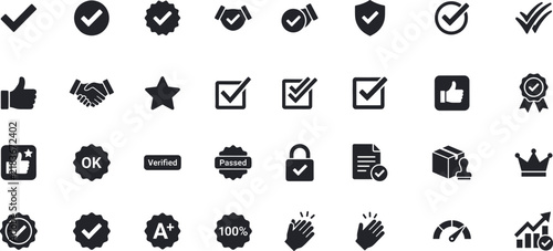 Collection of black flat icons representing verification approval success and positive feedback on a white background