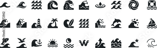 Nautical themed flat icons and silhouettes representing sea life weather and maritime elements