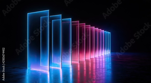 Rectangular illuminated frames recede into darkness, glowing blue to pink