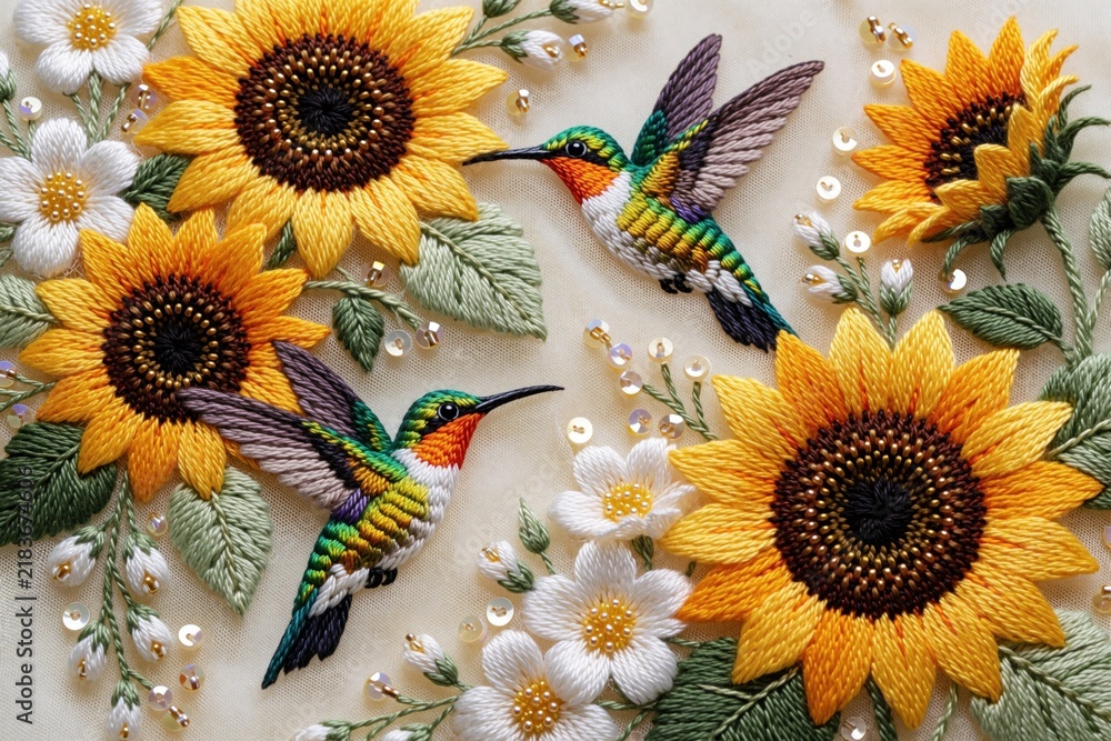 Obraz premium Handcrafted embroidery showcases vibrant sunflowers and hummingbirds on fine fabric. Delicate white flowers and green leaves create a detailed natural scene with sparkling sequins.