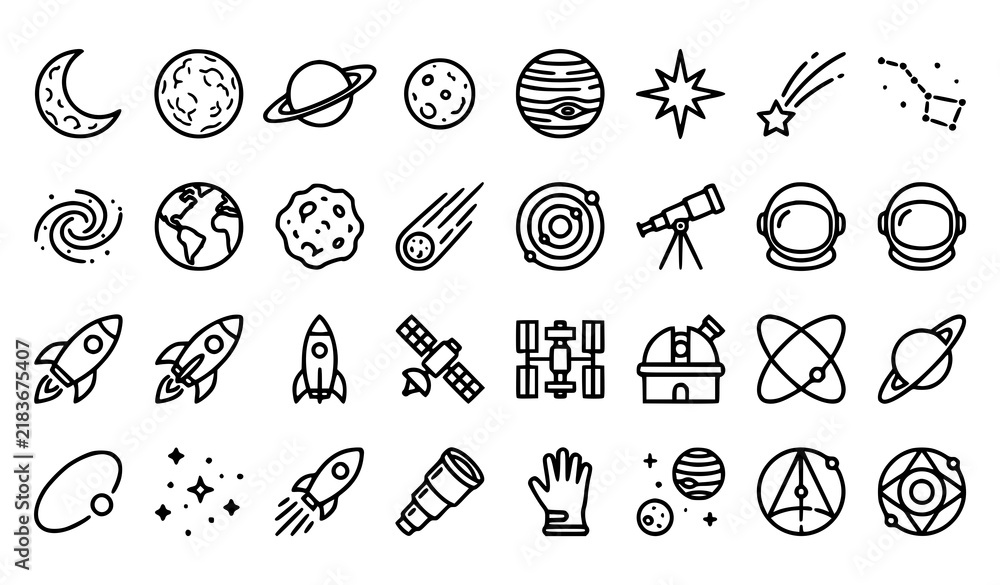 Fototapeta premium Outer Space Astronomy and Rocket Line Art Icon Set featuring Planets Astronaut Helmets Satellites and Telescopes for Cosmic Educational Graphic Designs