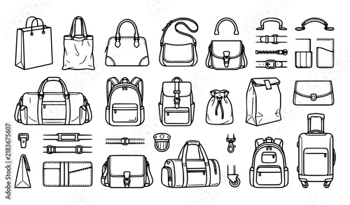 Hand Drawn Travel Bag and Fashion Luggage Line Art Icon Set featuring Backpack Suitcase Handbag Duffel and Accessory Vectors for Shopping E-commerce Designs