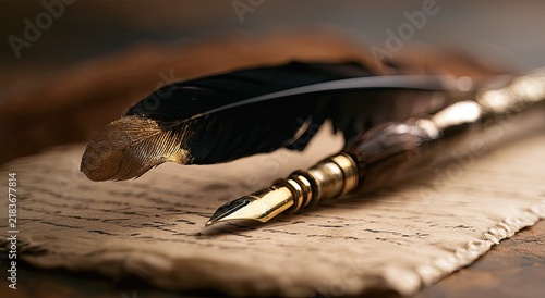Close-up of a vintage quill pen resting on aged parchment with textured background
