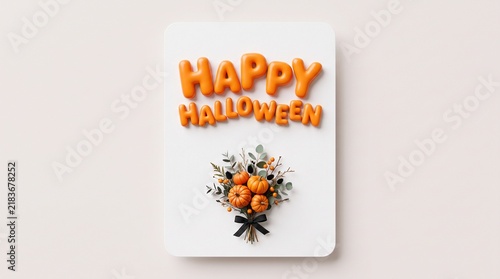 Happy Halloween greeting card with orange pumpkin bouquet and festive 3D typography