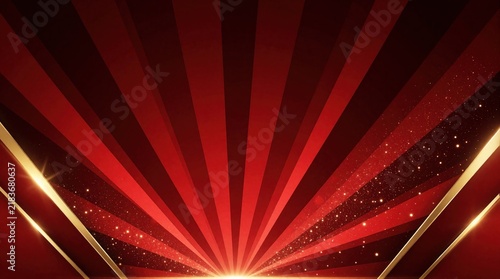 Radiant red and gold background with sunburst pattern and sparkling lights. Elegant abstract design for awards ceremonies parties or special events. Luxurious celebration backdrop.