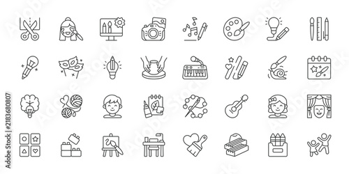 Kids Creative Hobbies icons in line design. kids hobbies, creativity, drawing, crafts, painting, toys, learning on white background vector. Kids Creative Hobbies editable stroke icons.