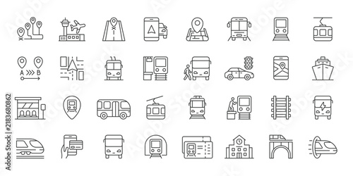 Public Transport icons in line design. public transport, bus, train, subway, tram, ticket, station on white background vector. Public Transport editable stroke icons.