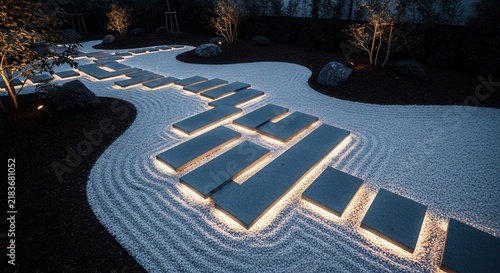 Illuminated Zen Garden Pathway With Rippled Gravel