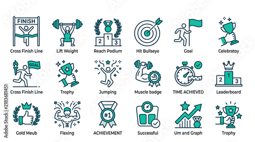 Sports Achievement Icons: Victory, Victory, Celebration, Success, Fitness, Goals