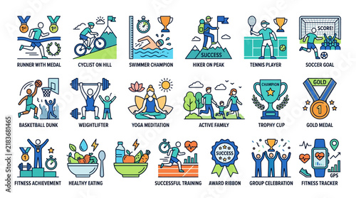 Sports Icons Fitness Health Healthy Lifestyle and Achievements Vector Set
