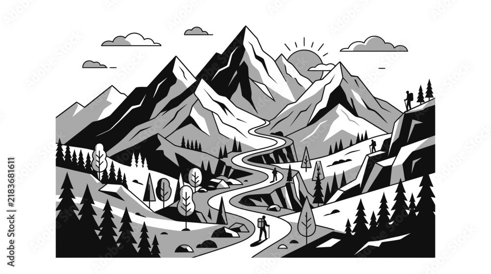 Fototapeta premium Monochrome Nature Adventure Illustration with Mountain Range and Hiking Trail