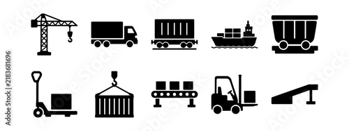 Foto Set of black logistics and transportation icons including crane, truck, containe
