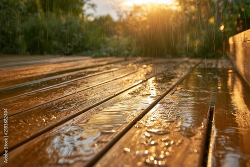 Summer rain on a wooden deck: glistening wet planks under warm light